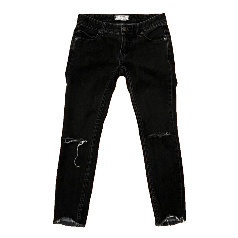 Free People Distressed Black Jeans Size 25 with Chic Knee Rips